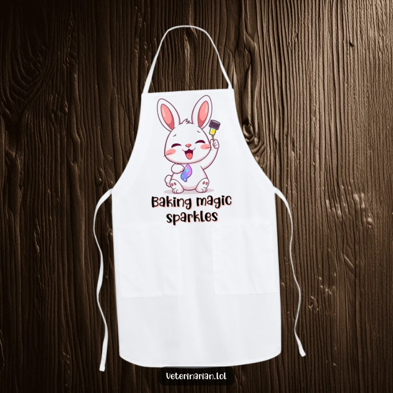 Funny chef apron showing a delighted cartoon bunny administering a colorful, sparkling liquid from a dropper.