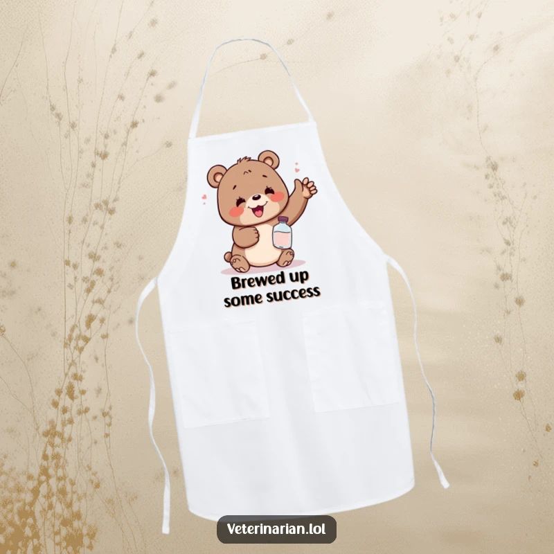 Funny apron showing a delighted bear looking relieved holding a small potion bottle, adding a humorous touch to any kitchen task.
