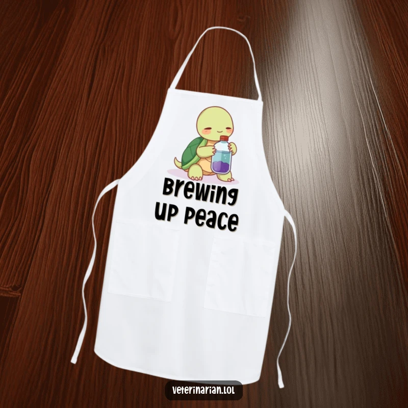 Funny apron showing a serene turtle offering a potion bottle, a gentle nudge to cook with calm.