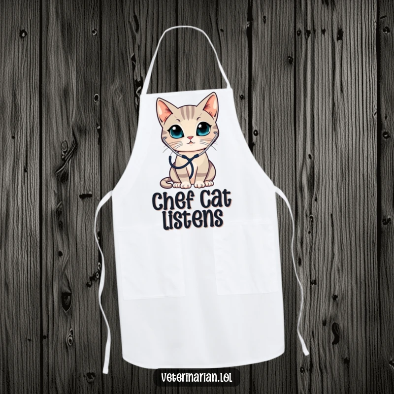 Funny kitchen apron featuring a sleek cat wearing a stethoscope, attentively listening, perfect for cooking with a medical touch.
