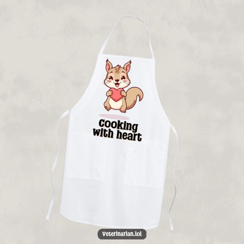 Funny apron showing an energetic squirrel bouncing a healthy heart icon, perfect for active cooks.