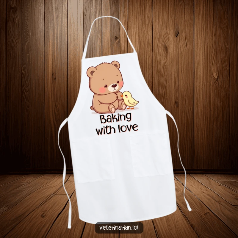 Funny apron showcasing a gentle bear comforting a small bird, ideal for a kind-hearted cook.