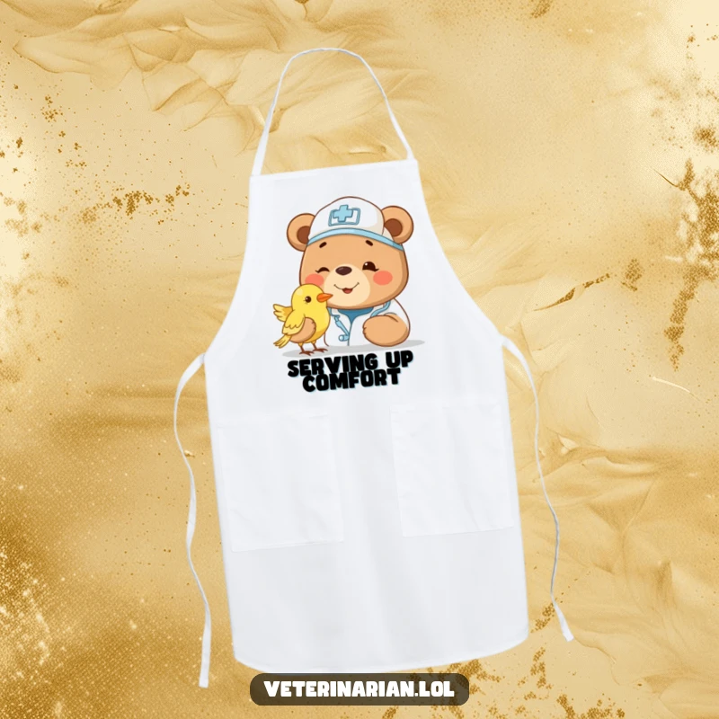 Funny bear vet apron, showing a smiling bear doctor with a cap, gently examining a small bird. Adds gentle humor to cooking.