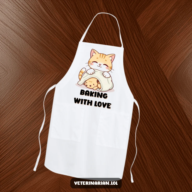 Funny smiling cat apron showing a cat placing a soft blanket on a resting creature with loving care.