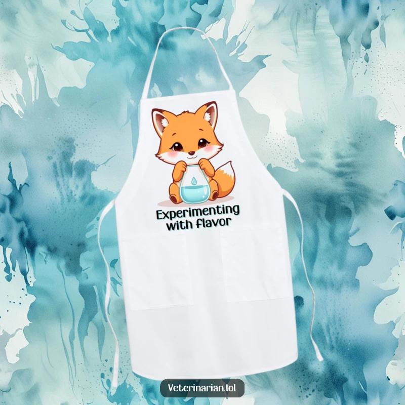 Funny kitchen apron depicting a playful fox carefully measuring a tiny droplet into a beaker, perfect for humorous chefs.