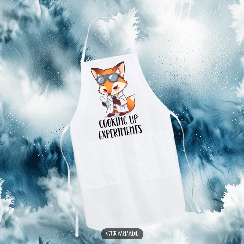 Funny apron with a fox in a lab coat carefully examining a tiny, sparkling test tube.