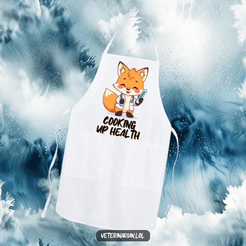 Funny fox vet apron, a playful fox smiles brightly while holding a thermometer and reading the temperature carefully.