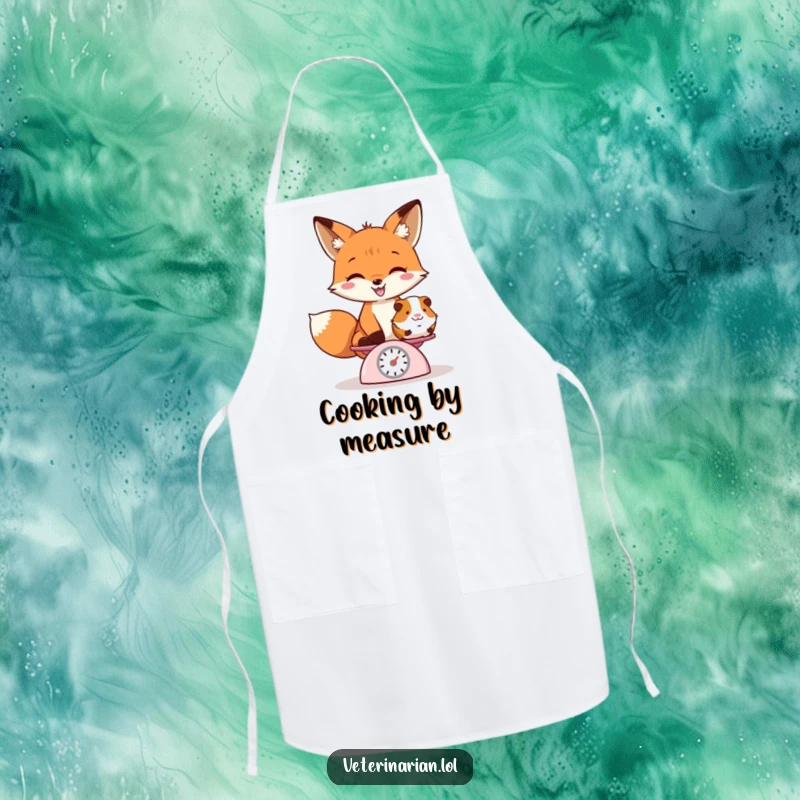 Funny apron showcasing a playful fox grinning while weighing a guinea pig on a tiny scale, ideal for a whimsical cook.