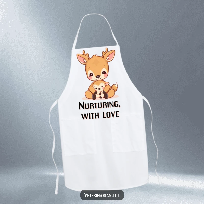 Funny gentle deer apron showing a deer cradling a small animal with a soothing pat and a calm expression.