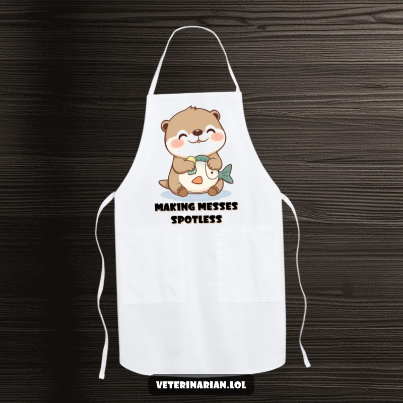 Funny apron featuring a joyful otter character cleaning a toy fish with a sponge, bringing humor to kitchen tasks.