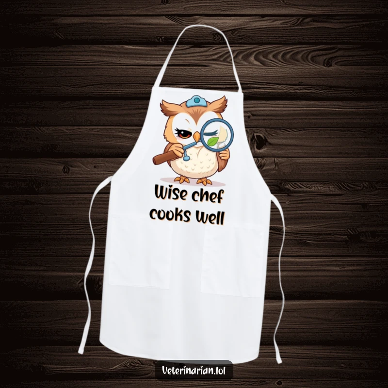 Funny apron showing a winking owl vet examining a tiny leaf with a magnifying glass, perfect for a cook who loves precision and humor.