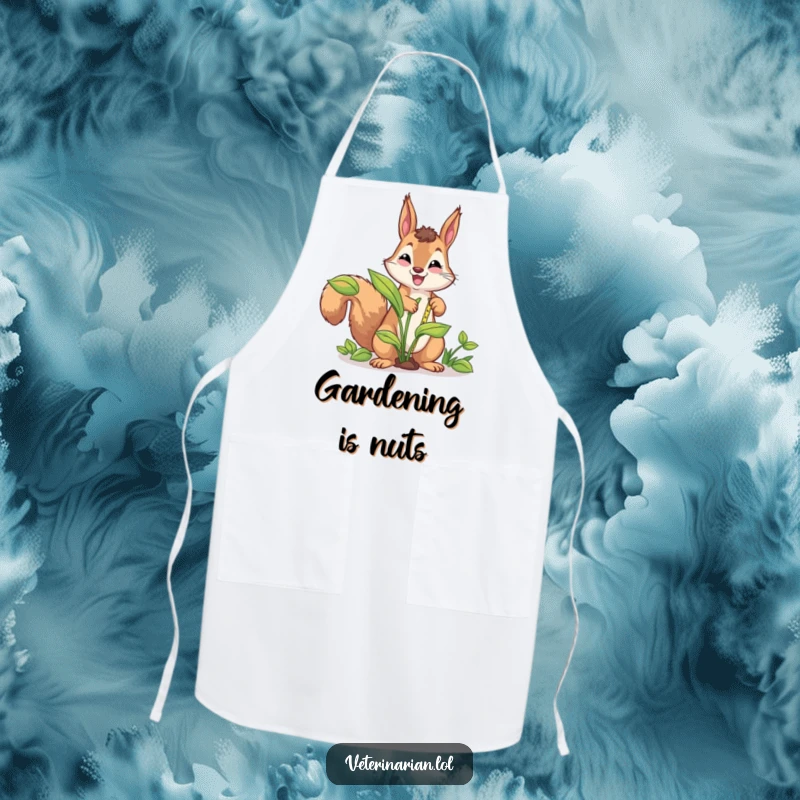Funny energetic squirrel apron, a squirrel measures a plant with a tape measure, a humorous and practical gardening accessory.