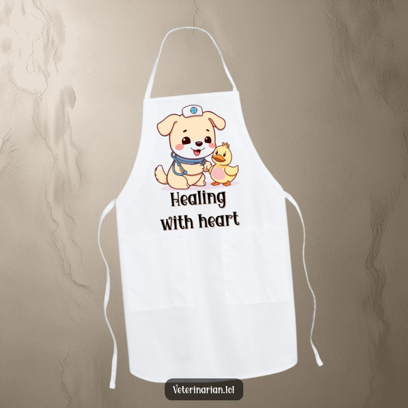 Funny dog vet apron, a cheerful dog nurse in a hat tends to a toy duck with a very concerned expression.