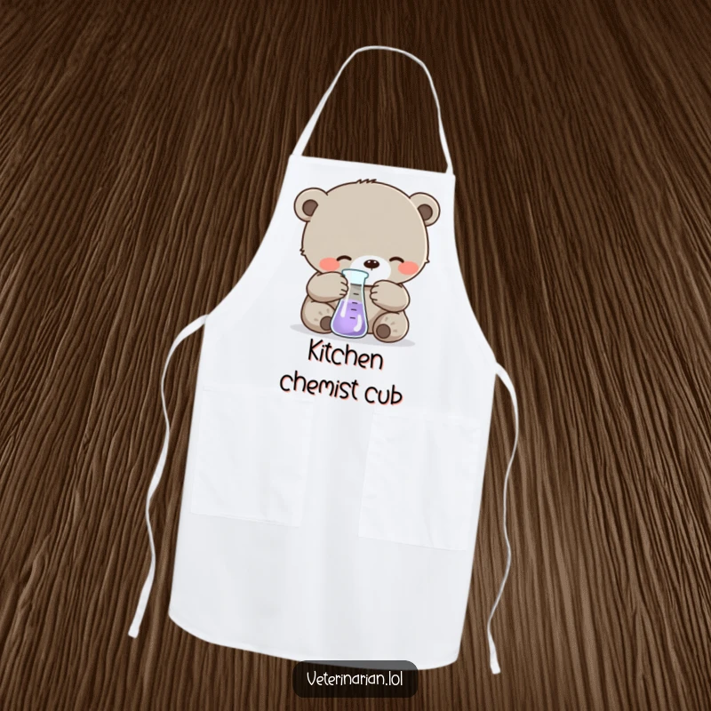 Funny apron with a gentle bear cub carefully measuring liquid in a beaker, perfect for kitchen experiments and adding playful science vibes.