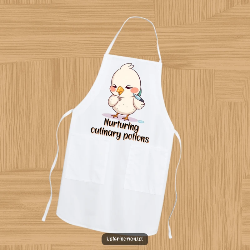 Funny apron showing a diligent bird carefully administering a tiny dropper with intense focus.