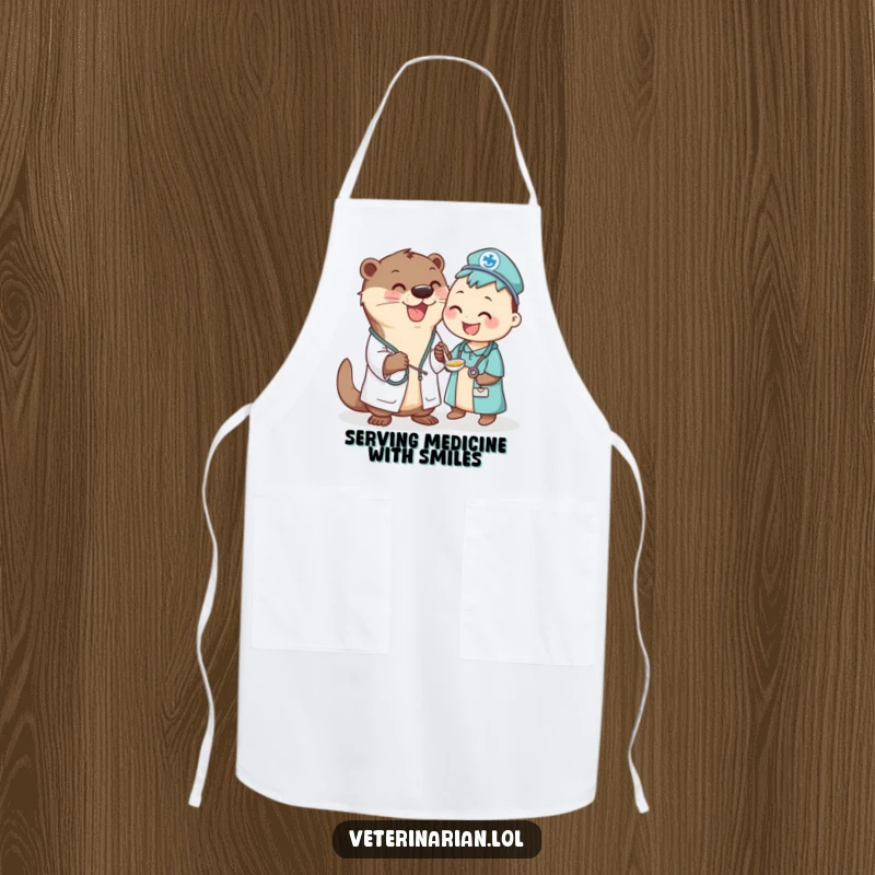 Funny Otter Vet Apron: A joyful otter vet character is shown administering a spoonful of medicine to a happy patient while cooking.