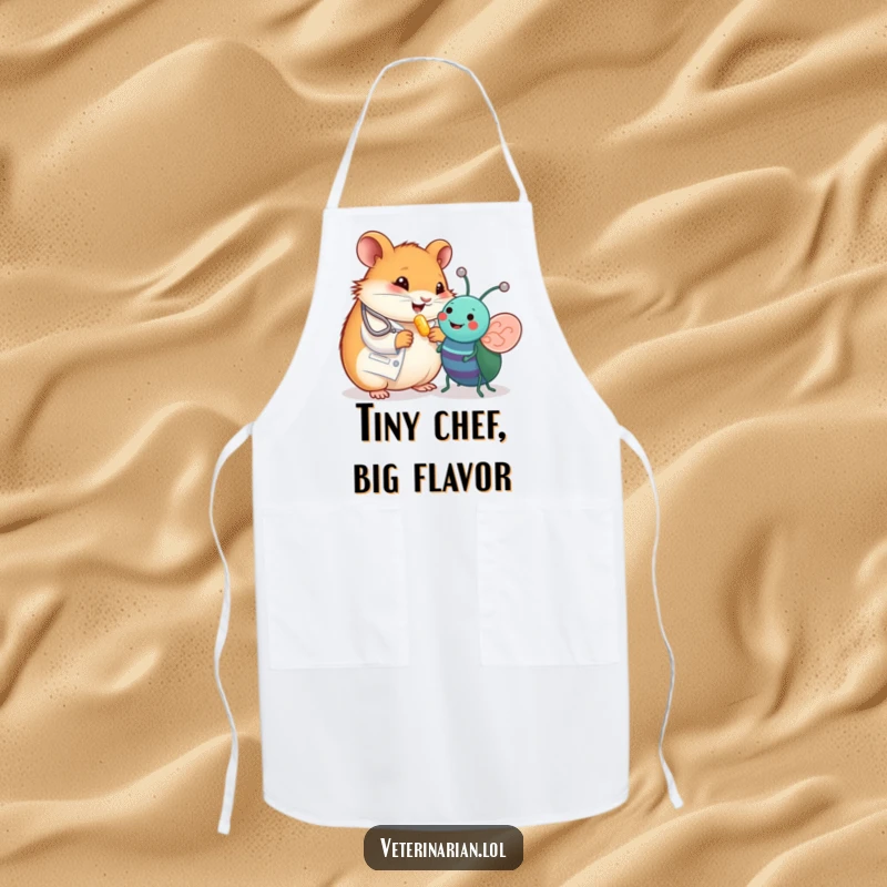 Funny apron showing a happy hamster vet giving a tiny vitamin pill to a cheerful toy bug, perfect for a cook who loves cute designs.