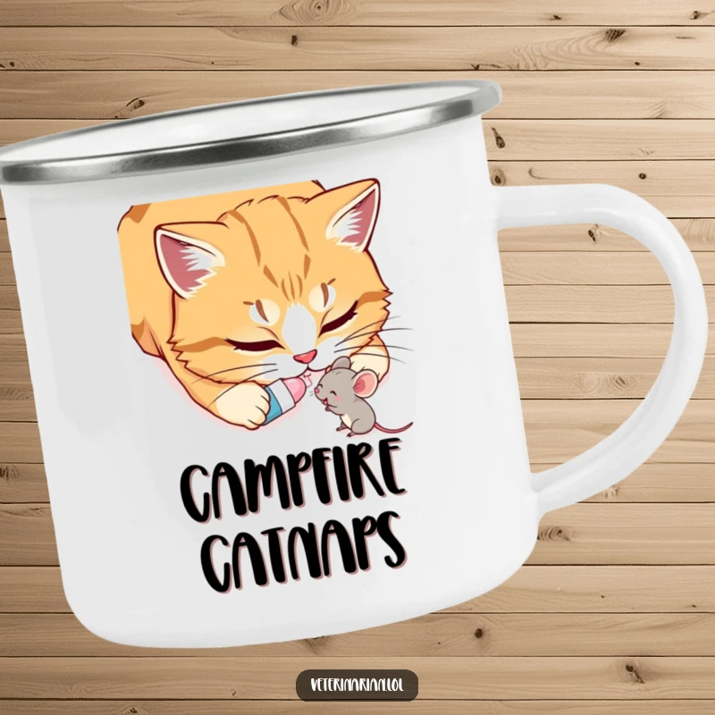 Funny Cat & Mouse Camping Mug: A rugged camping mug with a design of a cat gently giving a pill to a happy mouse.