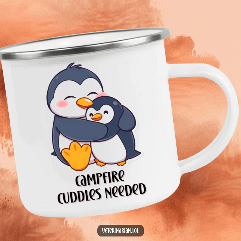Funny camping mug displaying a goofy penguin character hugging a stuffed penguin, ideal for outdoor enjoyment and humor.
