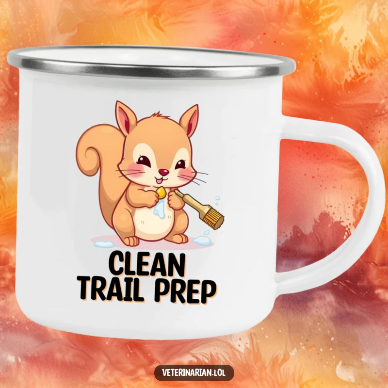 Funny squirrel camping mug with a character scrubbing paws, perfect for outdoor hygiene humor.