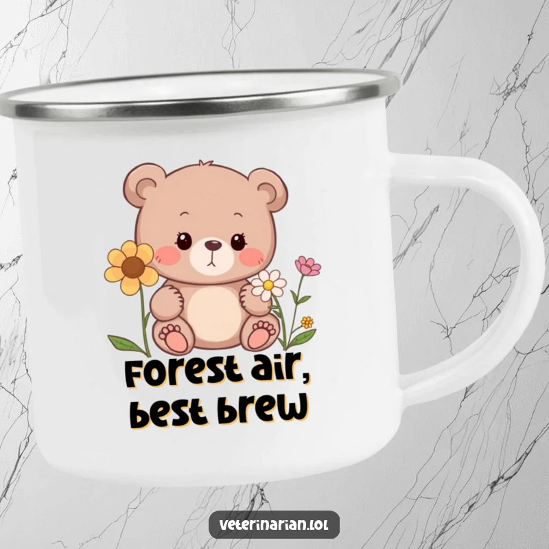 Funny bear camping mug, a curious bear sniffing a flower with a gentle expression, durable for outdoor use.