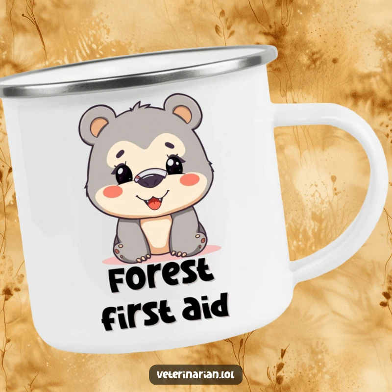 Funny bear cub camping mug showing a curious cub with a nose bandage, smiling bravely, ideal for outdoor adventures and humor.