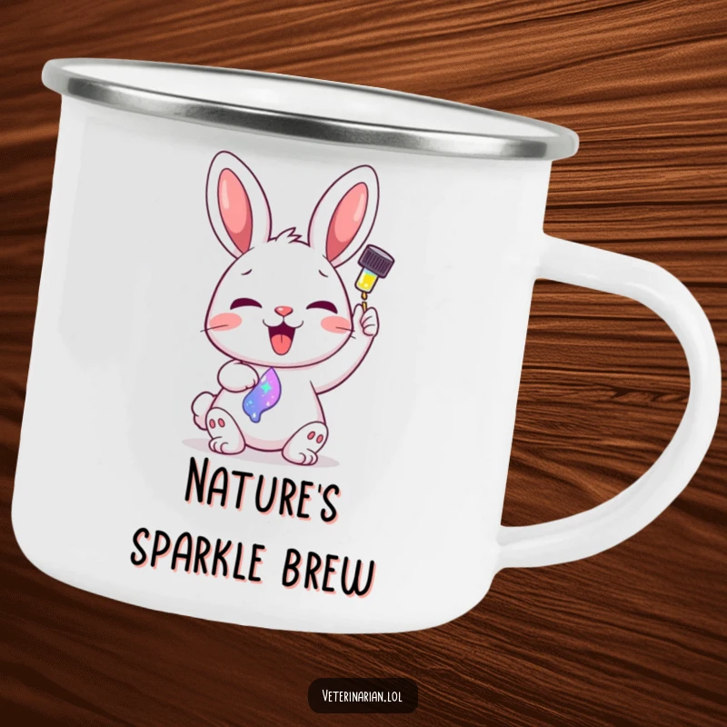 Funny enamel camping mug depicting a delighted cartoon bunny administering a colorful, sparkling liquid from a dropper.