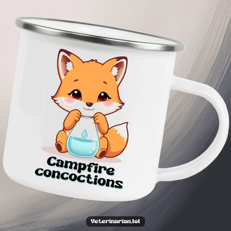 Funny camping mug showing a playful fox measuring a tiny droplet into a beaker, ready for humorous outdoor experiments.