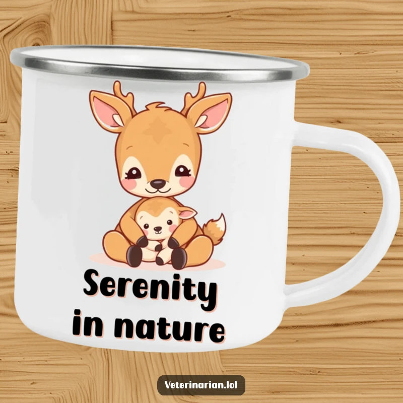 Funny gentle deer camping mug featuring a deer cradling a small animal with a soothing pat and a calm expression.
