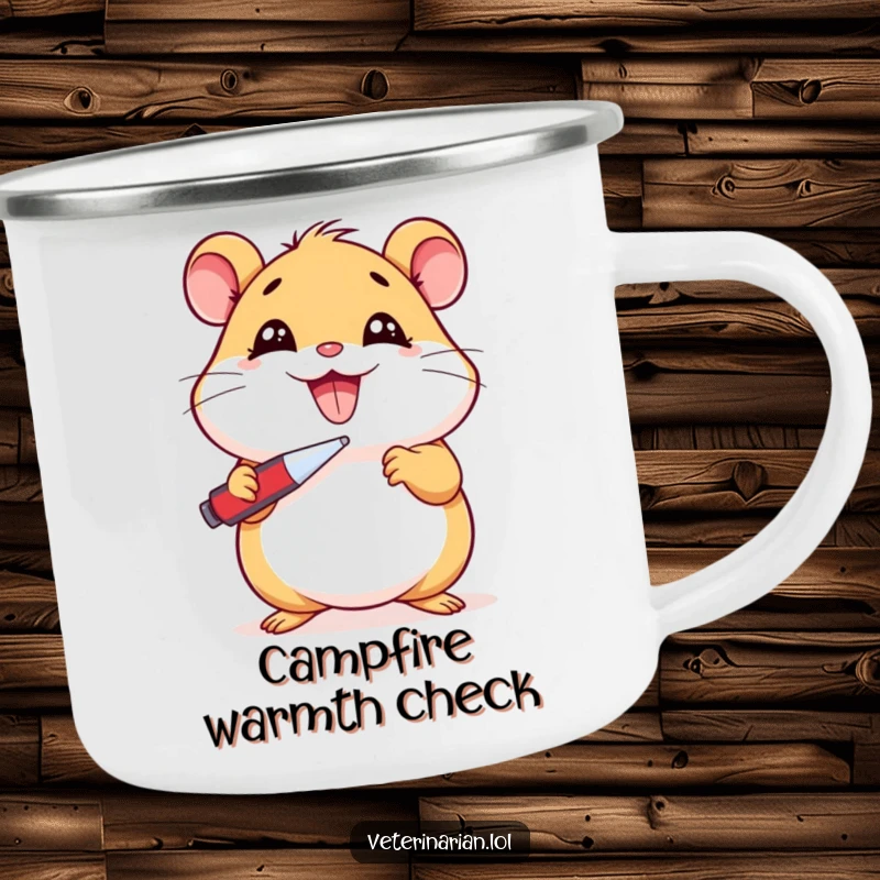 Funny Hamster Camping Mug: Durable mug with a sick cartoon hamster holding a thermometer, perfect for brews with humor, a funny gift.