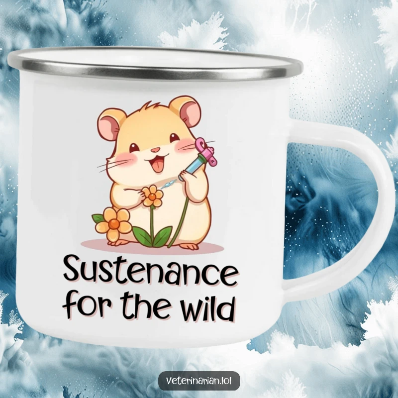 Funny hamster character tending a wilting flower with a syringe on a camping mug, great funny gift.