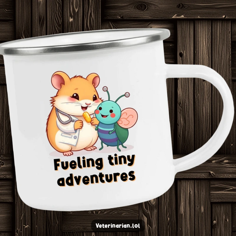 Funny camping mug showing a happy hamster vet giving a vitamin pill to a toy bug, bringing cute humor to outdoor drinks.