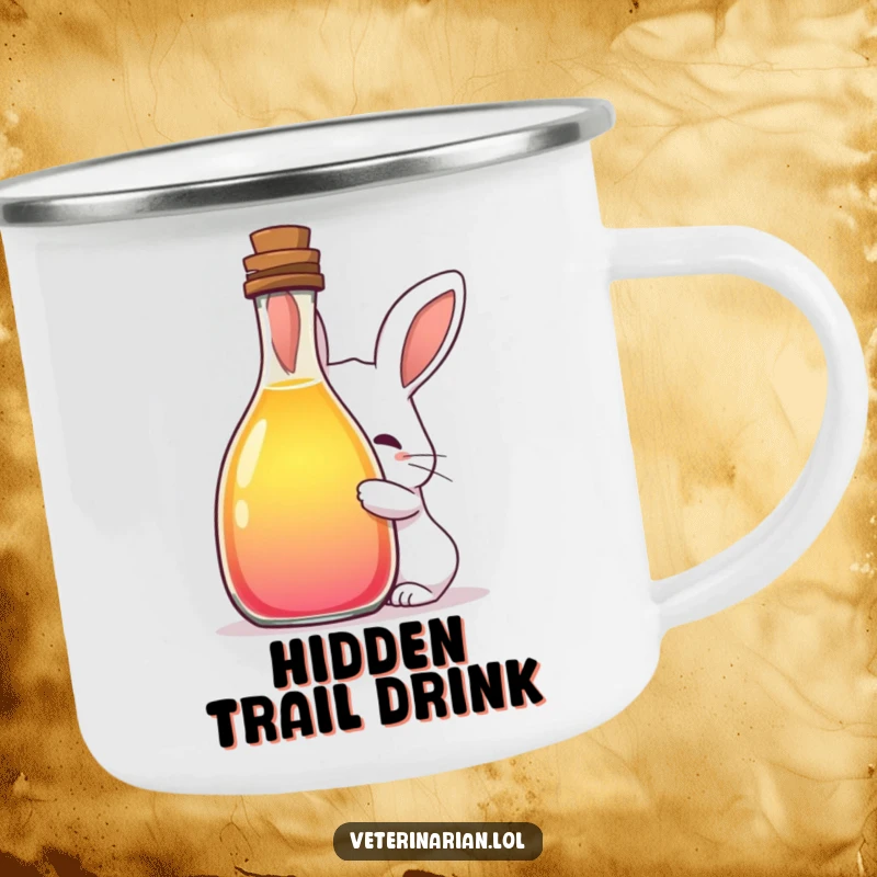 Funny camping mug featuring a shy rabbit peeking from a colorful liquid bottle, perfect for enjoying brews with a touch of outdoor magic.