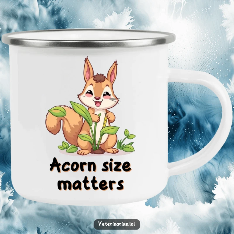 Funny energetic squirrel camping mug, a squirrel measures a plant with a tape measure, promoting dedicated humor during outdoor adventures.