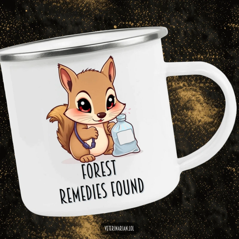 Funny camping mug showing a curious squirrel vet peering into a small medicine bag with wide, knowing eyes, bringing wise humor to outdoor drinks.