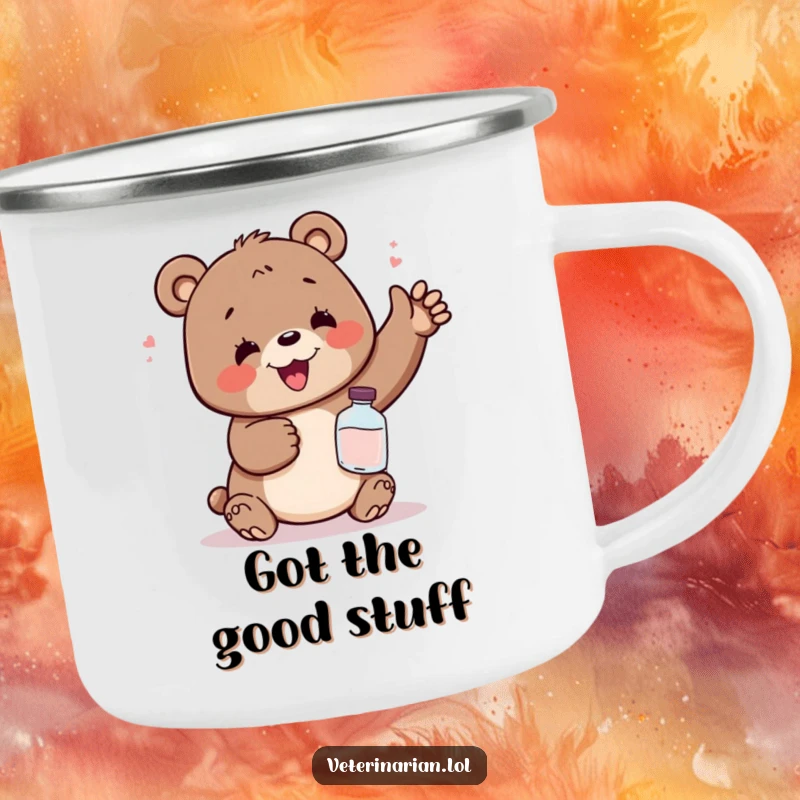 Funny camping mug with a delighted bear looking relieved while holding a small potion bottle, perfect for outdoor humor and drinks.
