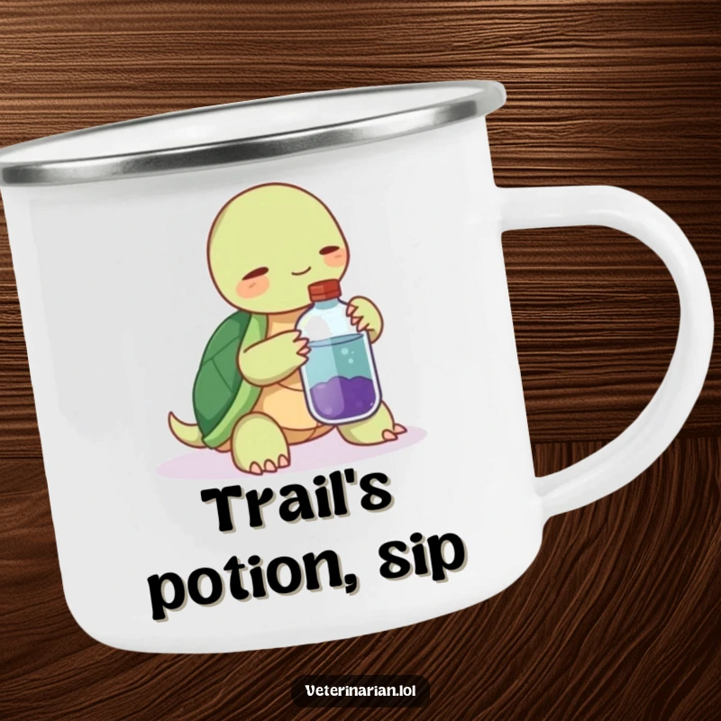 Funny camping mug with a calm turtle offering a potion bottle, a gentle nudge for outdoor enjoyment.