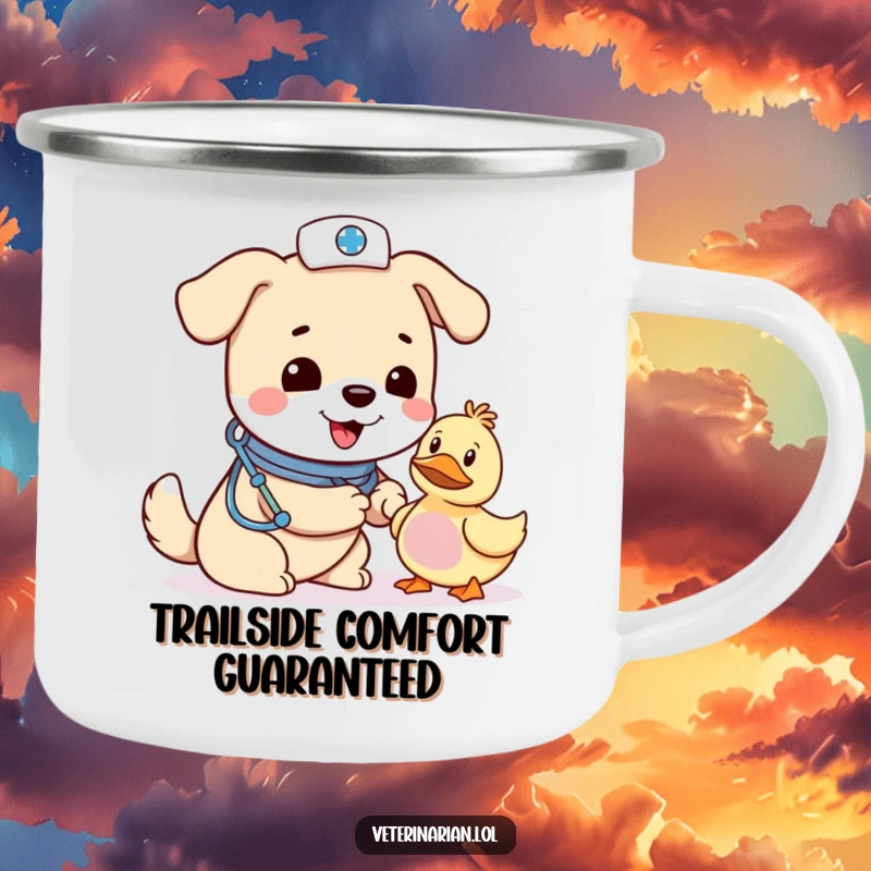 Funny dog vet camping mug, a cheerful dog nurse bandages a toy duck with a look of gentle concern outdoors.