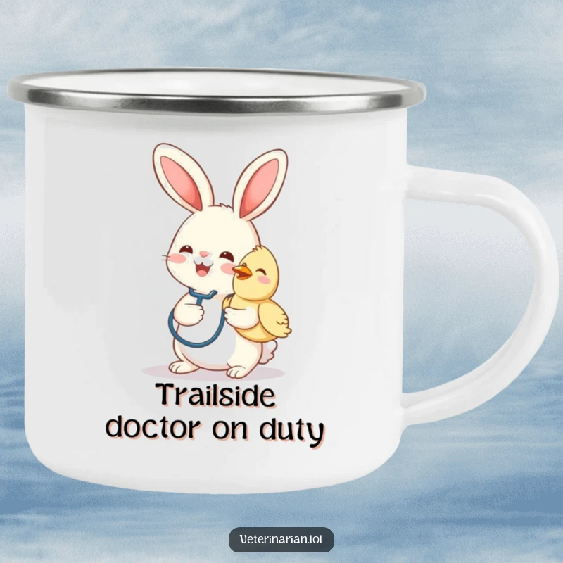 Funny camping mug featuring a cheerful bunny vet with a stethoscope, gently petting a smiling bird.
