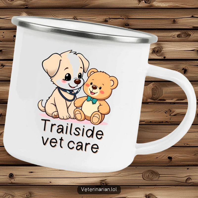 Funny cute puppy vet camping mug, a puppy in a stethoscope checks a teddy bear, promoting humor and warmth during outdoor adventures.