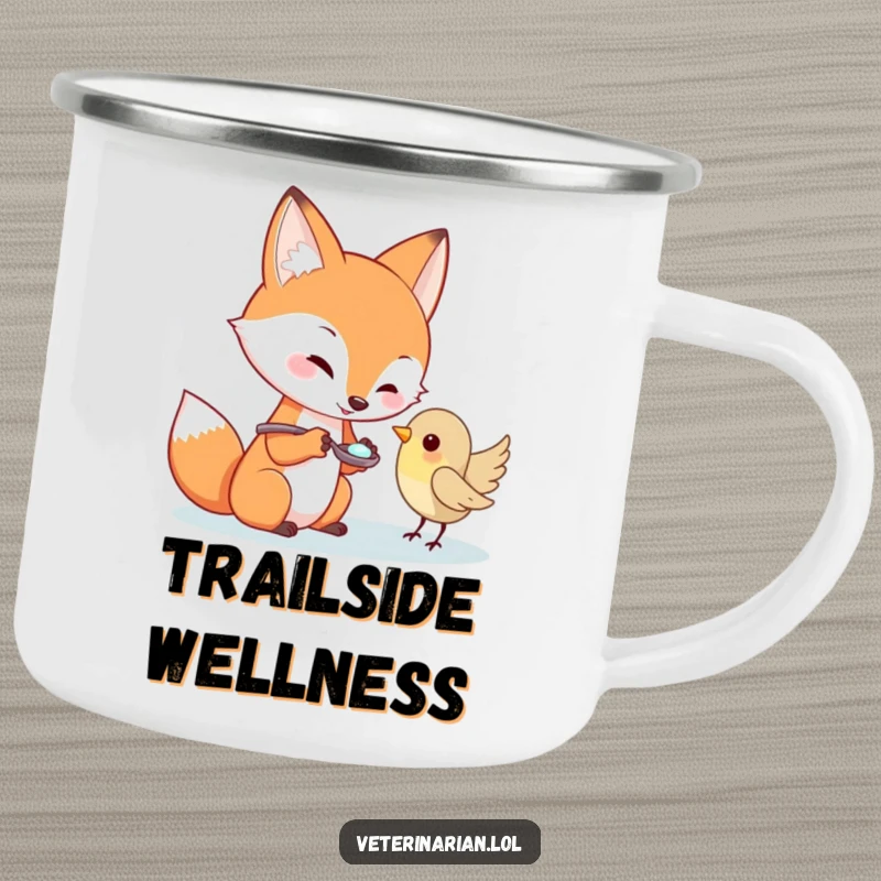 Funny fox character offering medicine to a tiny bird on a camping mug, great funny gift.