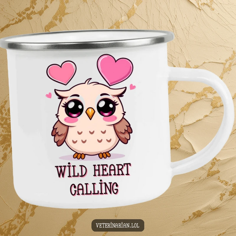 Funny Owl Camping Mug: Durable mug with a surprised cartoon owl looking at a heart icon, perfect for brews with humor, a funny gift.