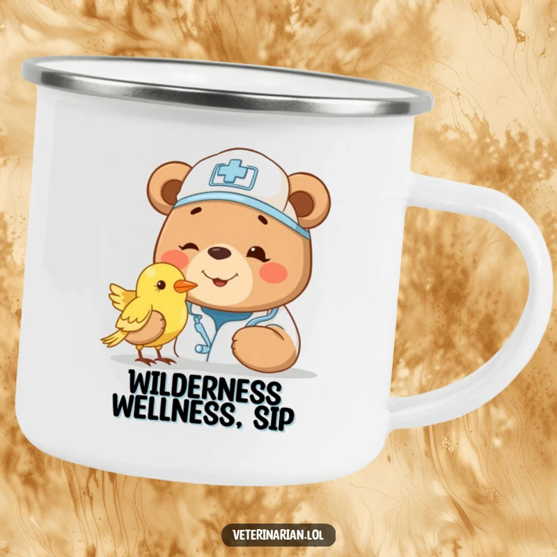 Funny bear vet camping mug, featuring a smiling bear doctor with a cap, gently examining a small bird. Charming outdoor companion.