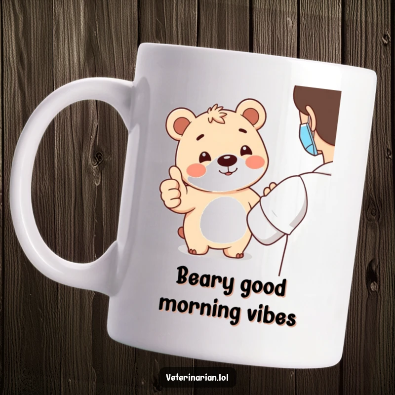 Funny bear thumbs-up mug showing a happy, smiling bear character giving a positive, cheerful thumbs-up to an unseen patient, offering encouragement.