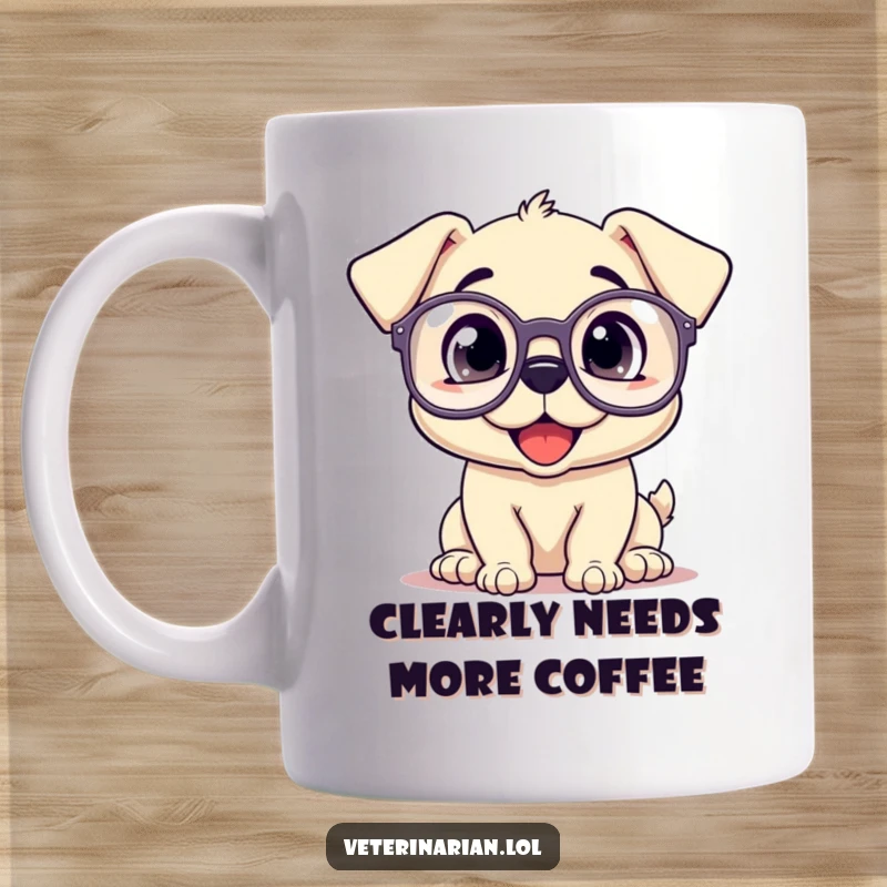 Funny mug showing a happy puppy wearing oversized prescription glasses, looking up inquisitively with adorable charm.