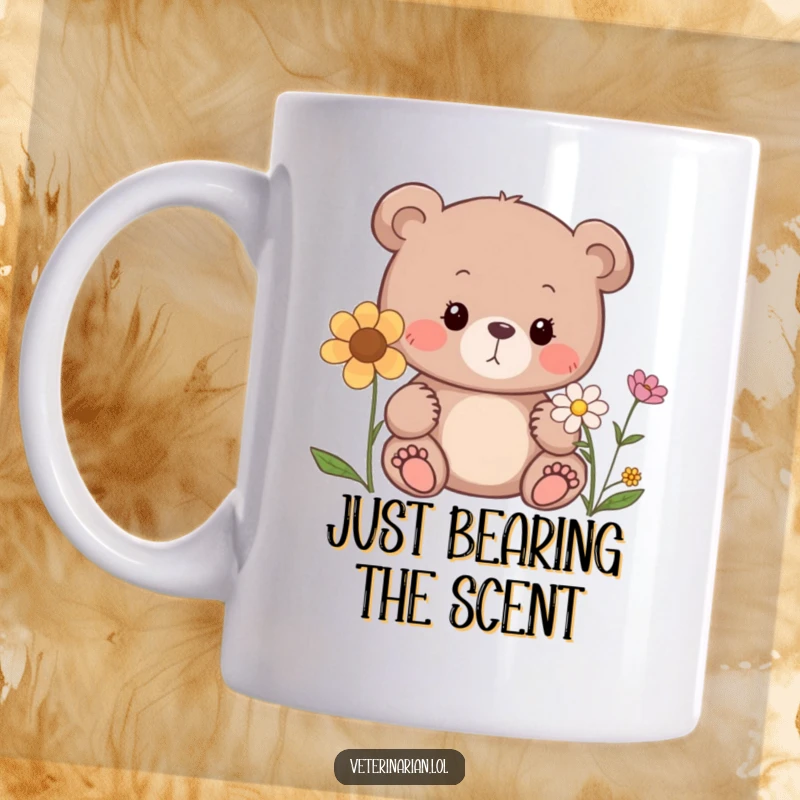 Funny bear mug, a curious bear sniffing a flower with a gentle expression, celebrating nature's wonders.