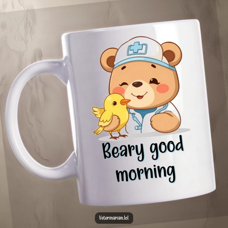 Funny bear vet mug, wearing a cap and smiling kindly, gently examining a small bird. Wholesome and funny.