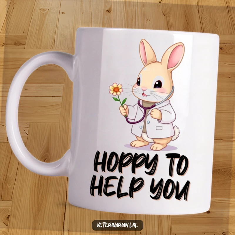 Funny bunny vet mug, wearing a white coat and stethoscope, gently examining a flower with deep care. Cute and sweet.