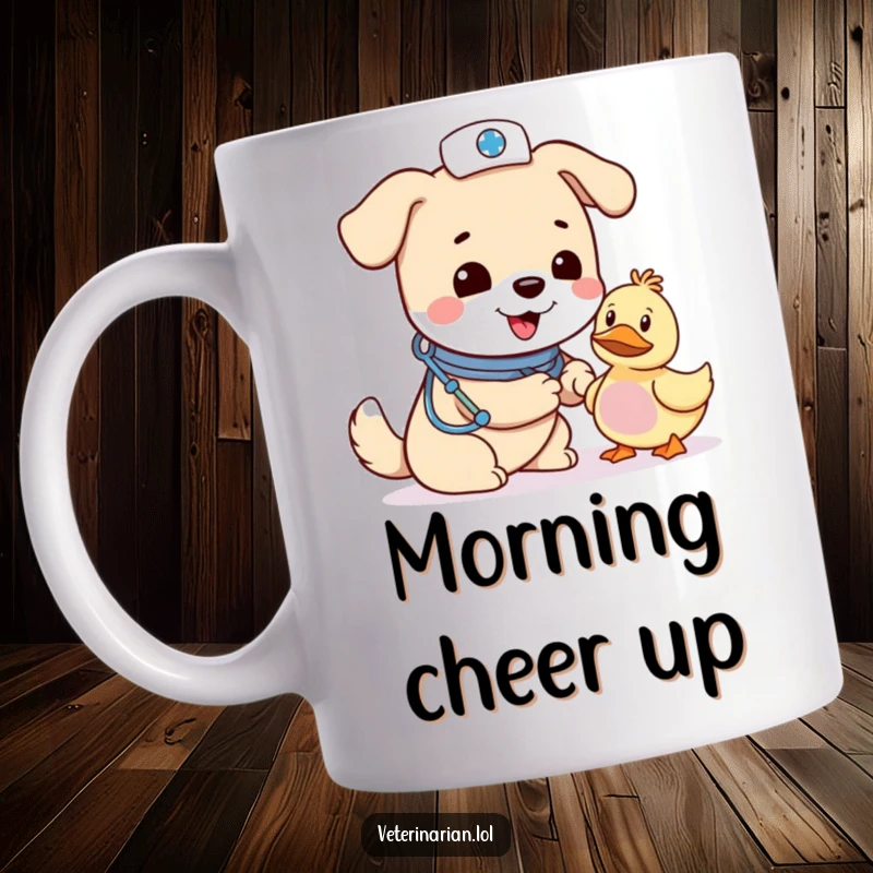 Funny dog vet mug, a cheerful dog nurse in a small hat gently bandages a toy duck with a look of concern.