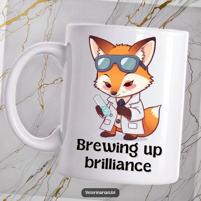 Funny mug showing a fox in a lab coat carefully examining a tiny, sparkling test tube with focus.